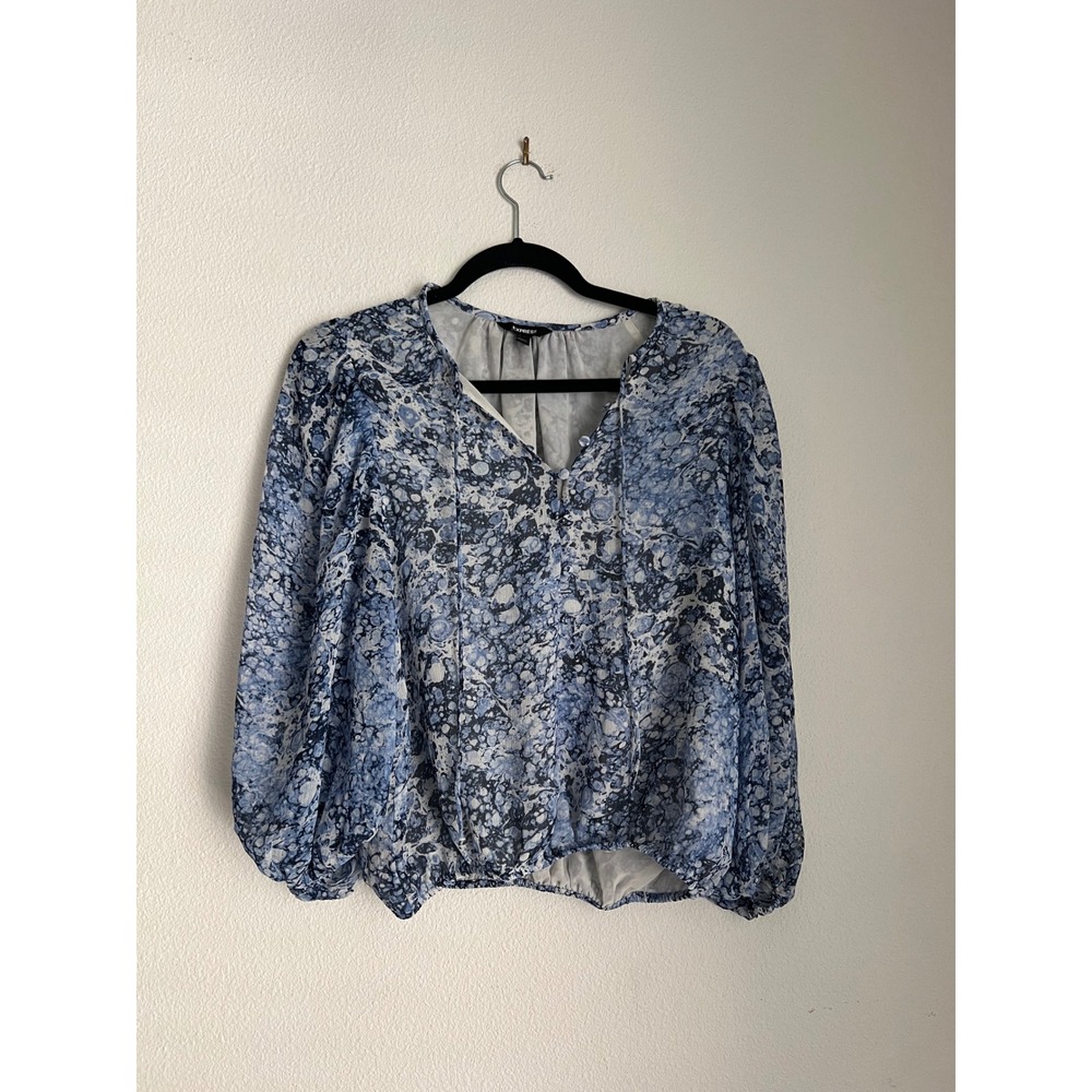 Express Blue Floral Print Long Sleeve Blouse‎ Top Womens Size S